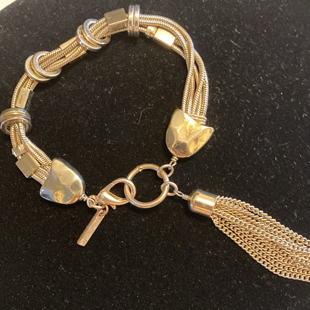 Vintage Saks Fifth Avenue multi-strand gold tone disc & cube bracelet w/tassel